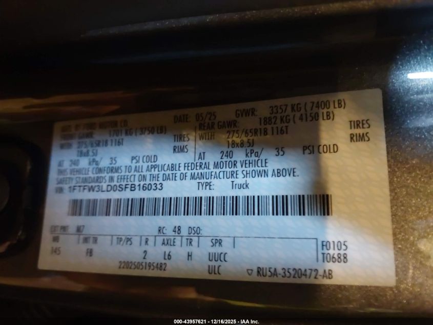 2025 Ford F-150 Xlt VIN: 1FTFW3LD0SFB16033 Lot: 43957621