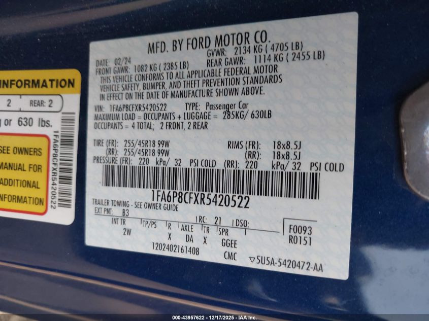 2024 Ford Mustang Gt Fastback VIN: 1FA6P8CFXR5420522 Lot: 43957622