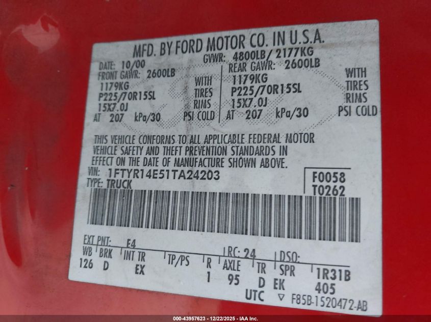 2001 Ford Ranger Edge/Xlt VIN: 1FTYR14E51TA24203 Lot: 43957623