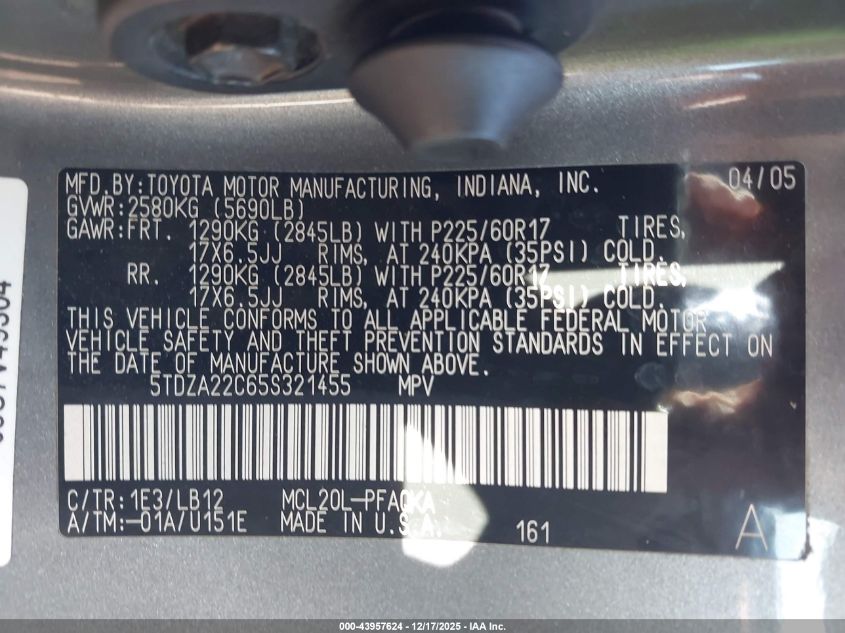 2005 Toyota Sienna Xle Limited VIN: 5TDZA22C65S321455 Lot: 43957624