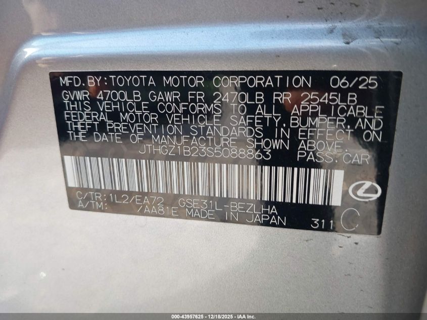 2025 Lexus Is 350 F Sport VIN: JTHGZ1B23S5088863 Lot: 43957625