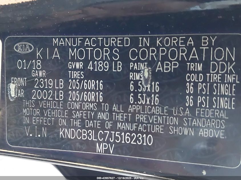 2018 Kia Niro Lx VIN: KNDCB3LC7J5162310 Lot: 43957627