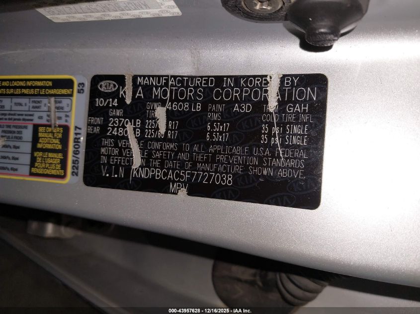 2015 Kia Sportage Lx VIN: KNDPBCAC5F7727038 Lot: 43957628