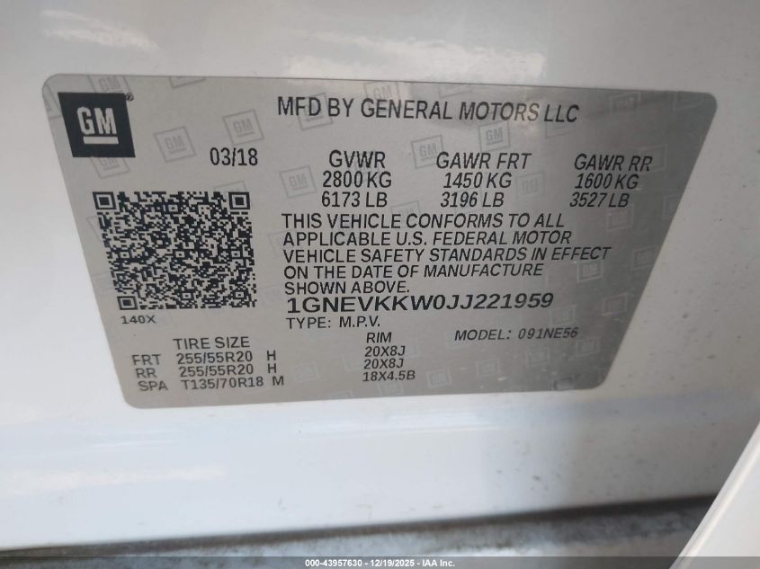 2018 Chevrolet Traverse High Country VIN: 1GNEVKKW0JJ221959 Lot: 43957630