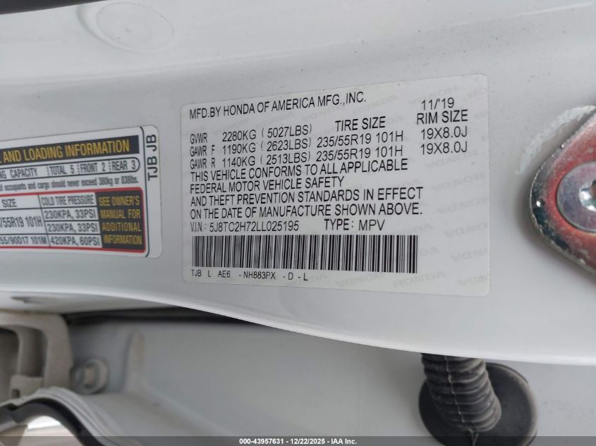 2020 Acura Rdx Advance Package VIN: 5J8TC2H72LL025195 Lot: 43957631