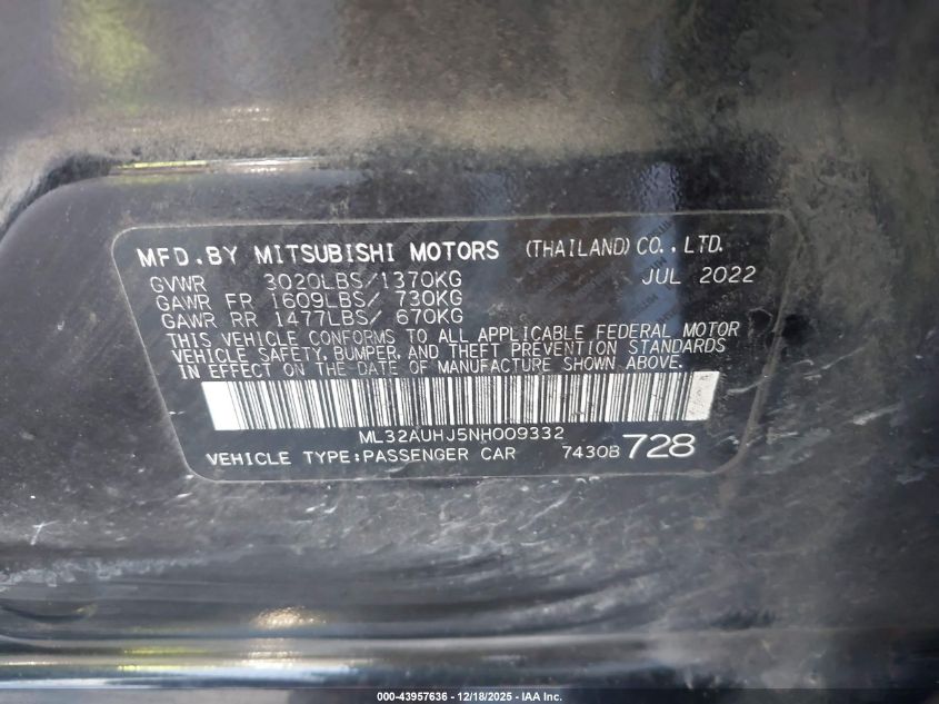 2022 Mitsubishi Mirage Es/Le VIN: ML32AUHJ5NH009332 Lot: 43957636