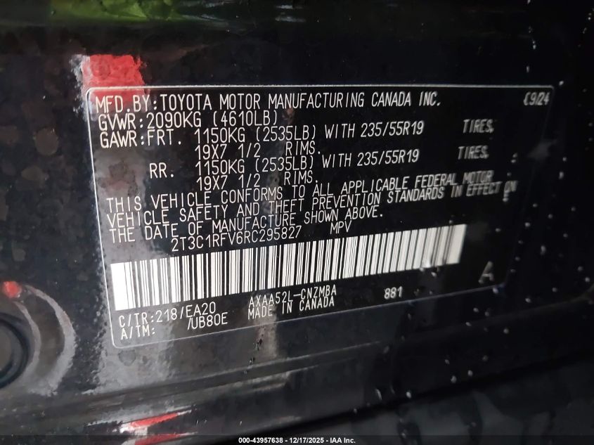 2024 Toyota Rav4 Xle Premium VIN: 2T3C1RFV6RC295827 Lot: 43957638