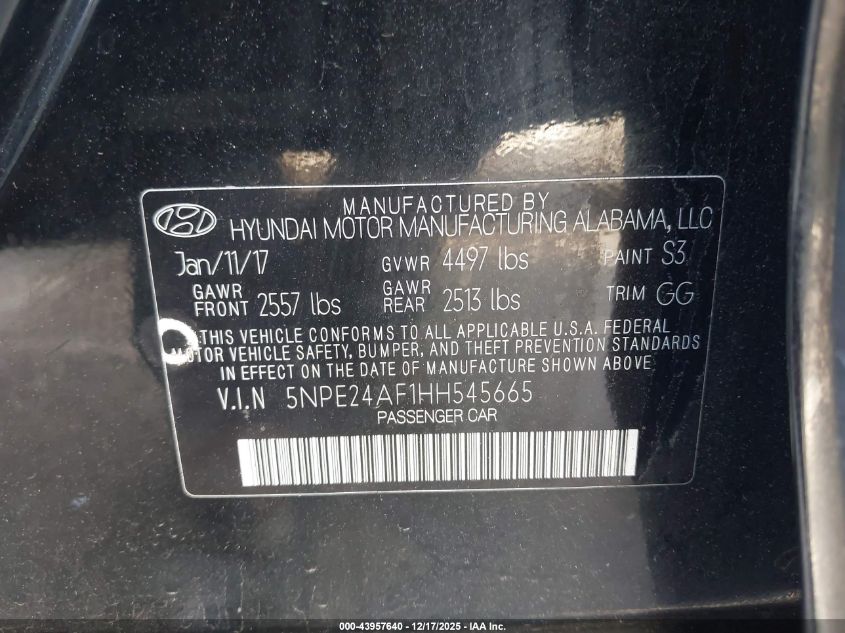 2017 Hyundai Sonata VIN: 5NPE24AF1HH545665 Lot: 43957640