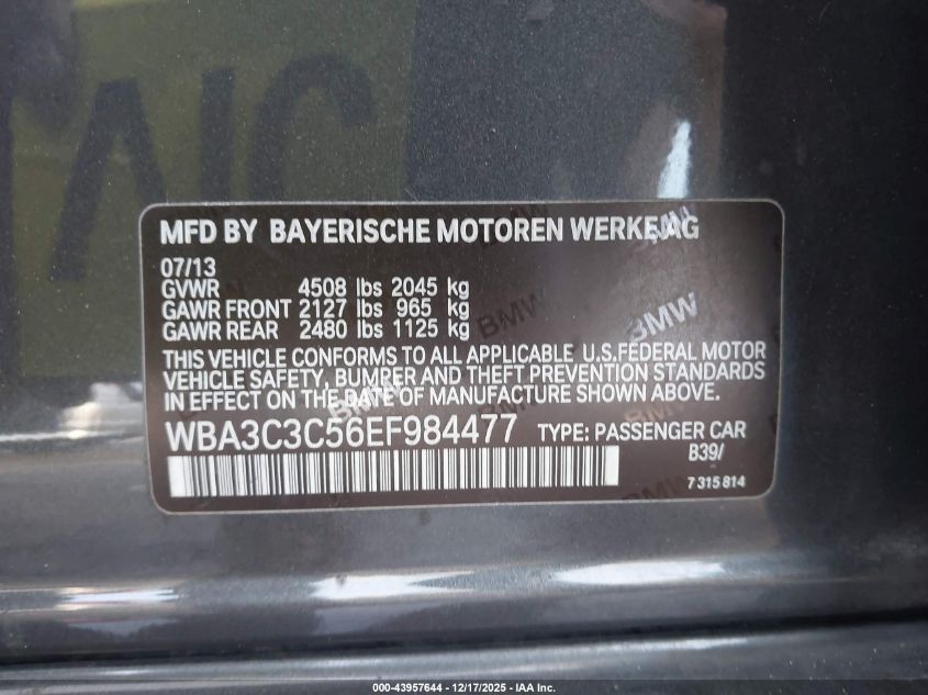 2014 BMW 320I xDrive VIN: WBA3C3C56EF984477 Lot: 43957644