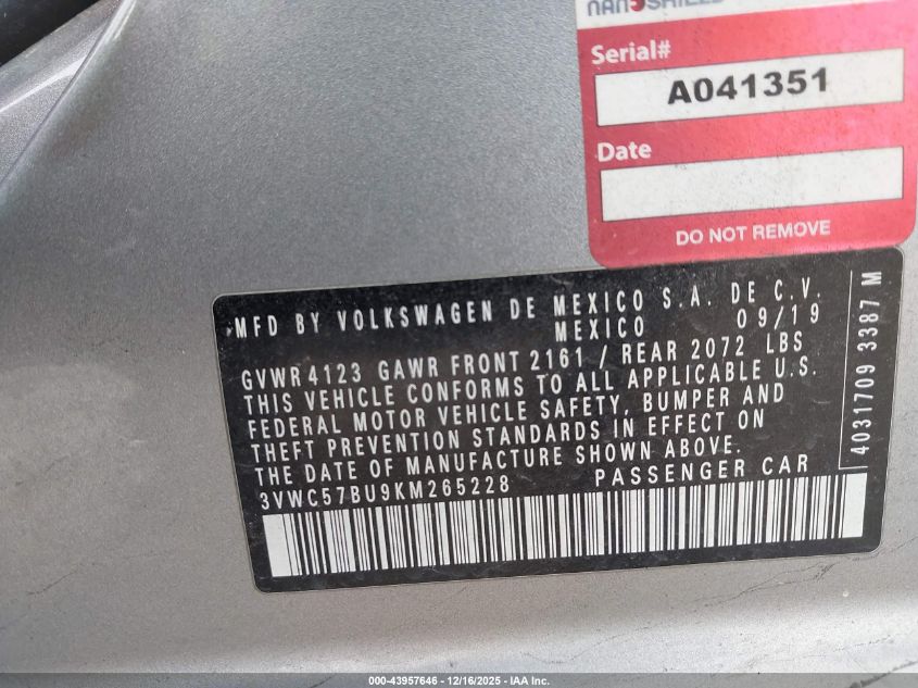 2019 Volkswagen Jetta 1.4T R-Line/1.4T S/1.4T Se VIN: 3VWC57BU9KM265228 Lot: 43957646