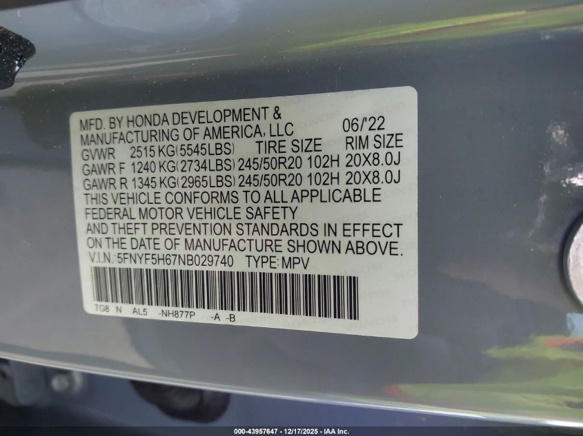2022 Honda Pilot 2Wd Touring 7 Passenger VIN: 5FNYF5H67NB029740 Lot: 43957647