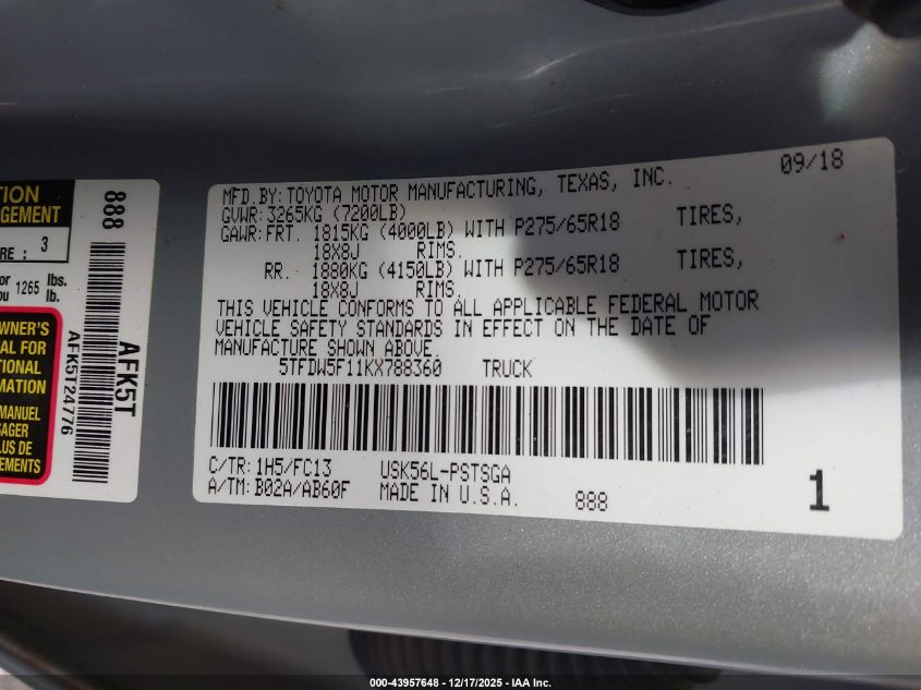 2019 Toyota Tundra Sr5 5.7L V8 VIN: 5TFDW5F11KX788360 Lot: 43957648