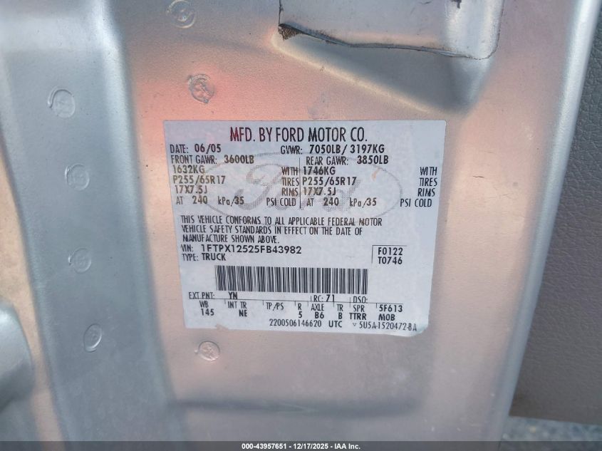 2005 Ford F-150 Lariat/Xl/Xlt VIN: 1FTPX12525FB43982 Lot: 43957651