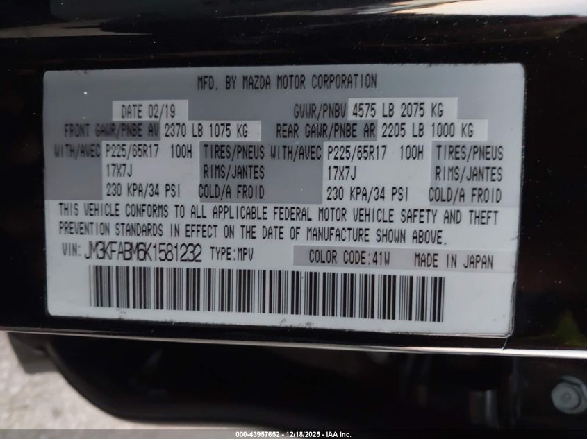 2019 Mazda Cx-5 Sport VIN: JM3KFABM6K1581232 Lot: 43957652