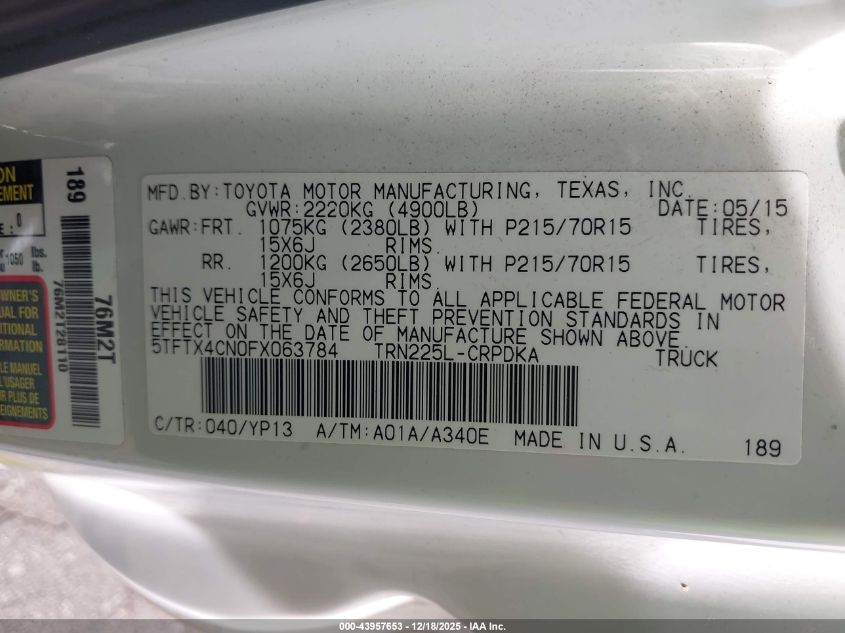 2015 Toyota Tacoma VIN: 5TFTX4CN0FX063784 Lot: 43957653