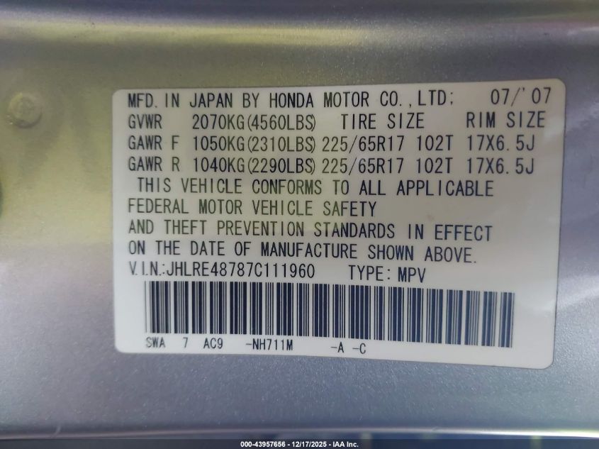 2007 Honda Cr-V Ex-L VIN: JHLRE48787C111960 Lot: 43957656
