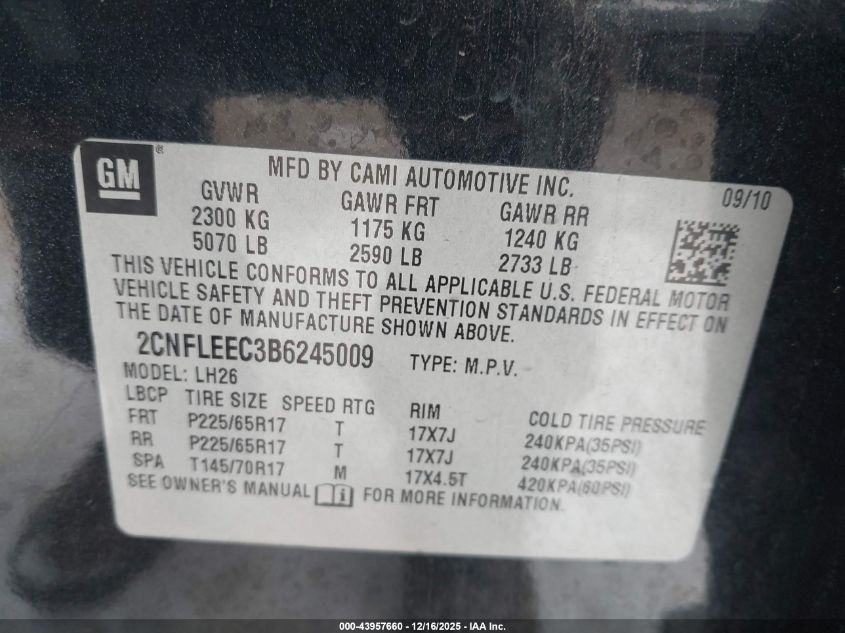 2011 Chevrolet Equinox 1Lt VIN: 2CNFLEEC3B6245009 Lot: 43957660