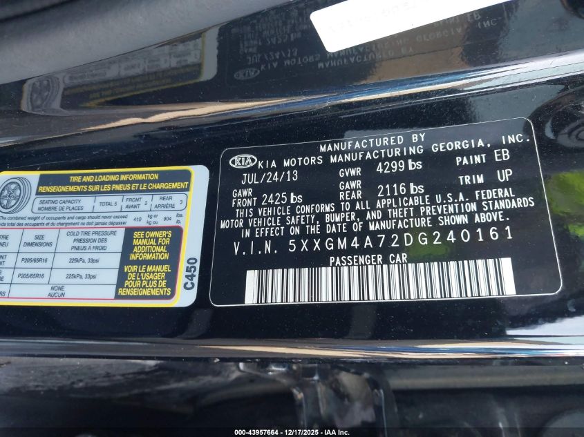 2013 Kia Optima Lx VIN: 5XXGM4A72DG240161 Lot: 43957664