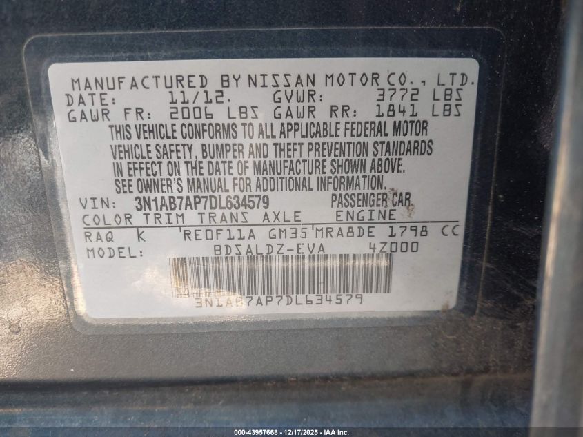 2013 Nissan Sentra S/Sv/Sr/Sl VIN: 03N1AB7AP7DL64579 Lot: 43957668