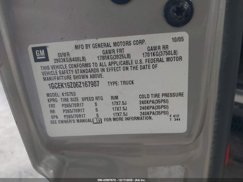 2006 Chevrolet Silverado 1500 Lt1 VIN: 1GCEK19Z06Z167907 Lot: 43957670