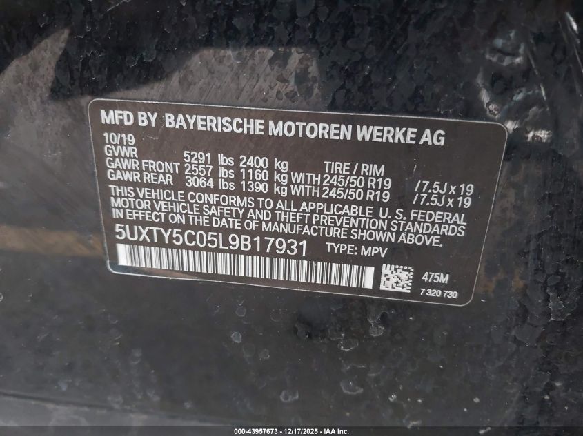 2020 BMW X3 xDrive30I VIN: 5UXTY5C05L9B17931 Lot: 43957673