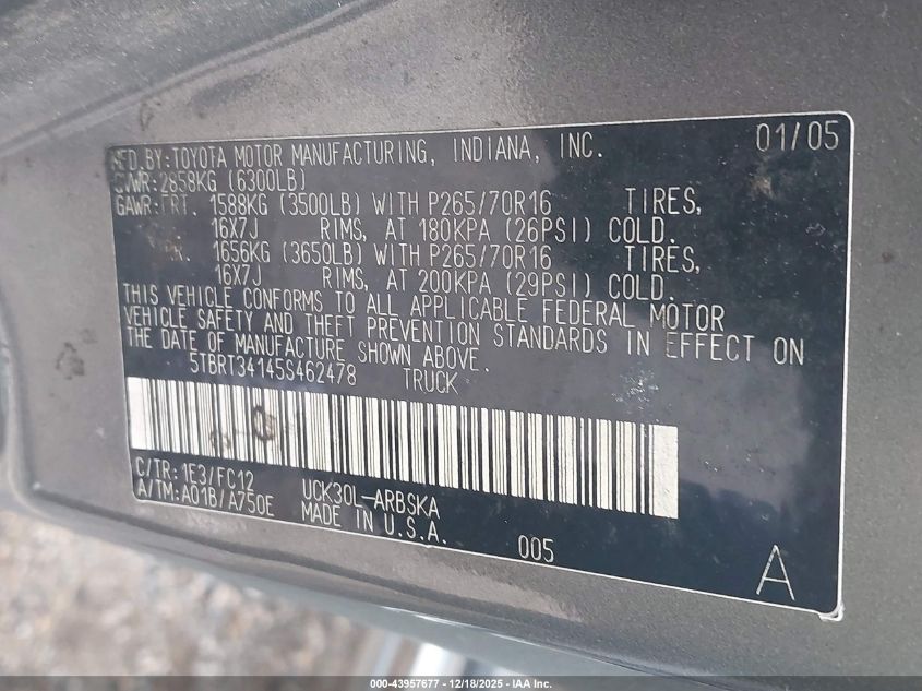 2005 Toyota Tundra Sr5 V8 VIN: 5TBRT34145S462478 Lot: 43957677