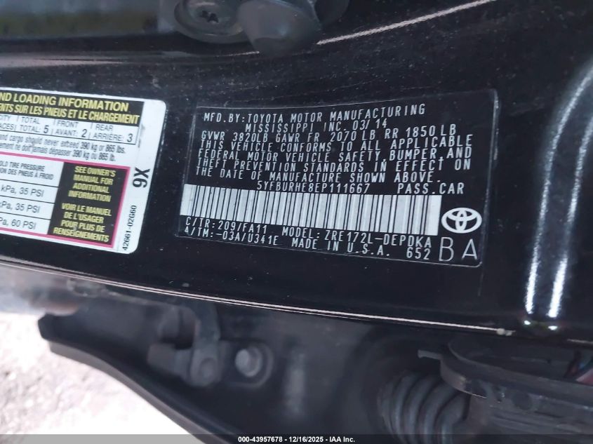 2014 Toyota Corolla L VIN: 5YFBURHE8EP111667 Lot: 43957678