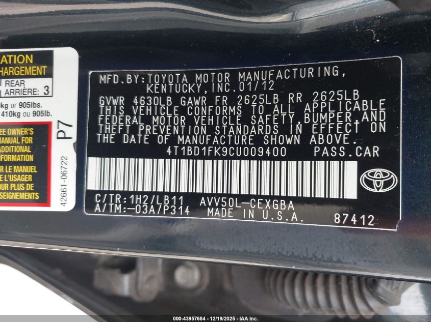 2012 Toyota Camry Hybrid Xle VIN: 4T1BD1FK9CU009400 Lot: 43957684