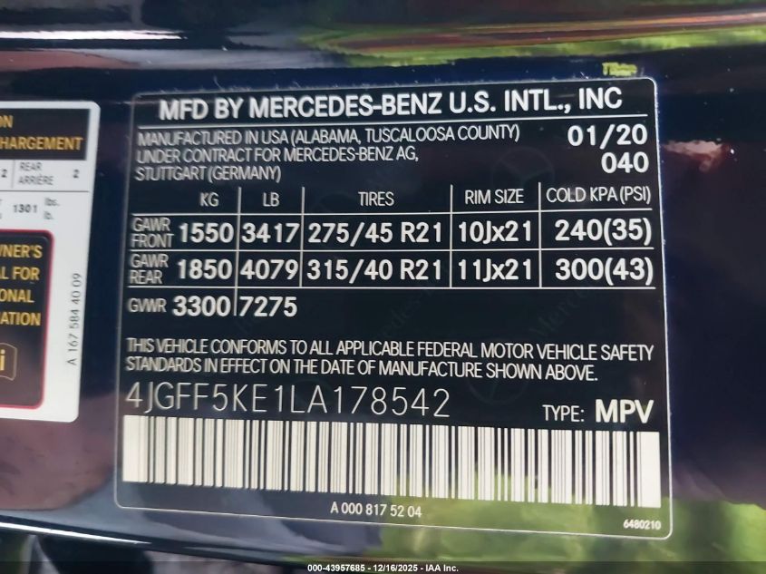 2020 Mercedes-Benz Gls 450 4Matic VIN: 4JGFF5KE1LA178542 Lot: 43957685