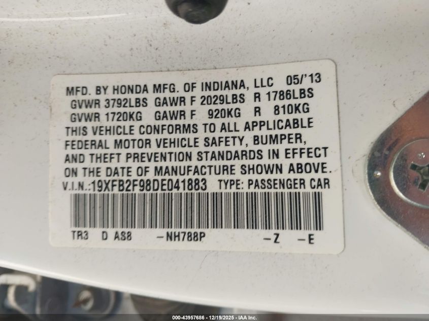 2013 Honda Civic Ex-L VIN: 19XFB2F98DE041883 Lot: 43957686