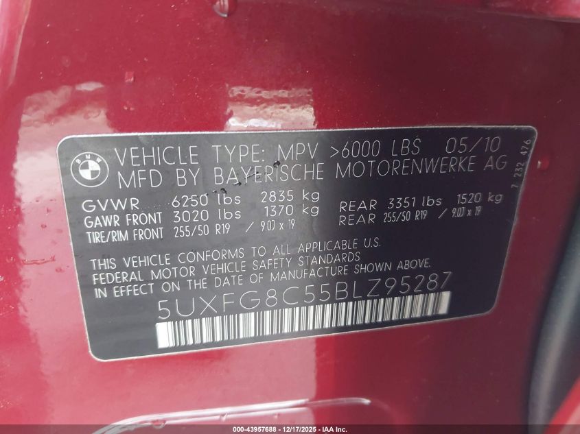 2011 BMW X6 xDrive50I VIN: 5UXFG8C55BLZ95287 Lot: 43957688