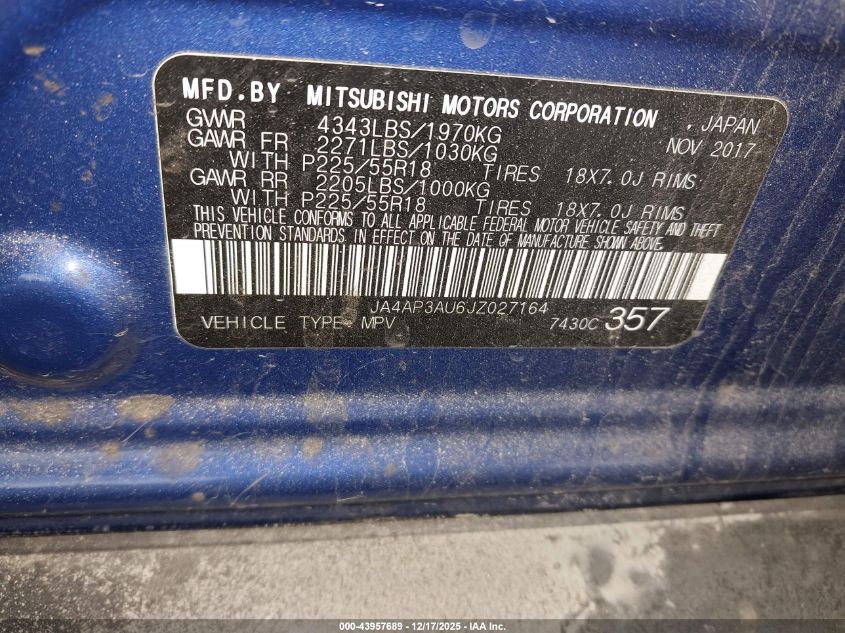 2018 Mitsubishi Outlander Sport 2.0 Es VIN: JA4AP3AU6JZ027164 Lot: 43957689