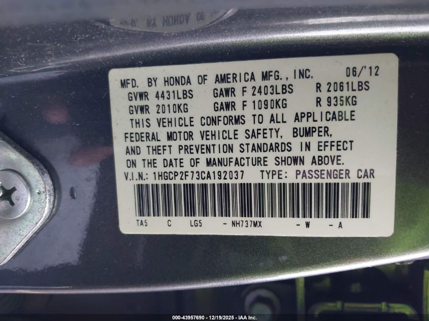 2012 Honda Accord 2.4 Ex VIN: 1HGCP2F73CA192037 Lot: 43957690