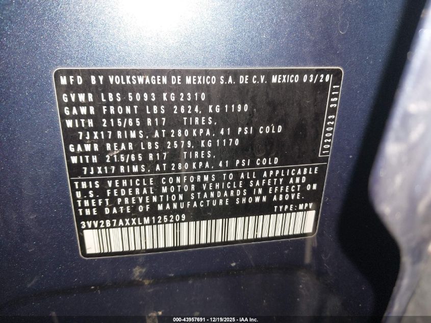 2020 Volkswagen Tiguan 2.0T Se/2.0T Se R-Line Black/2.0T Sel VIN: 3VV2B7AXXLM125209 Lot: 43957691
