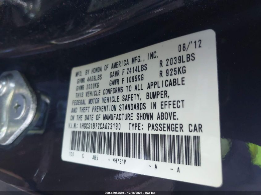 2012 Honda Accord 2.4 Ex VIN: 1HGCS1B72CA023190 Lot: 43957694