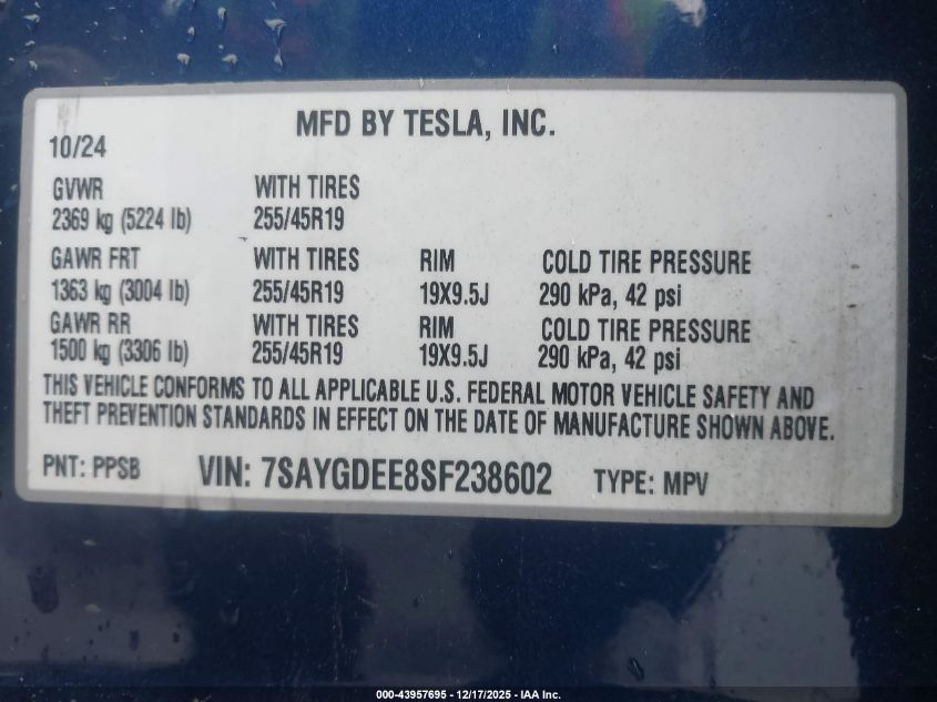 2025 Tesla Model Y Long Range Dual Motor All-Wheel Drive VIN: 7SAYGDEE8SF238602 Lot: 43957695