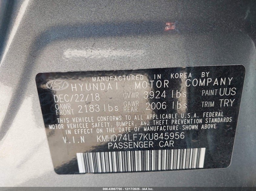 KMHD74LF7KU845956 2019 HYUNDAI ELANTRA photo no. 9