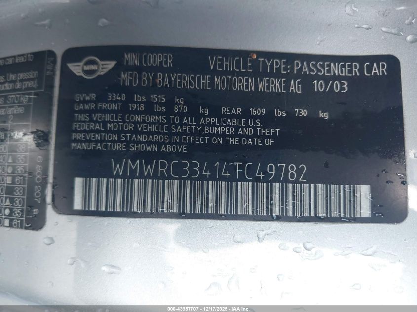 2004 Mini Cooper VIN: WMWRC33414TC49782 Lot: 43957707