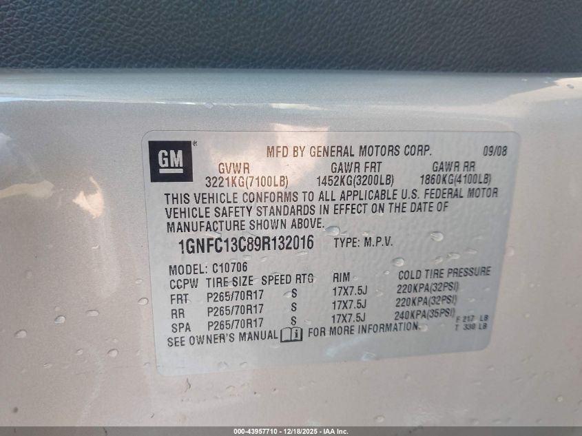 2009 Chevrolet Tahoe Ls VIN: 1GNFC13C89R132016 Lot: 43957710