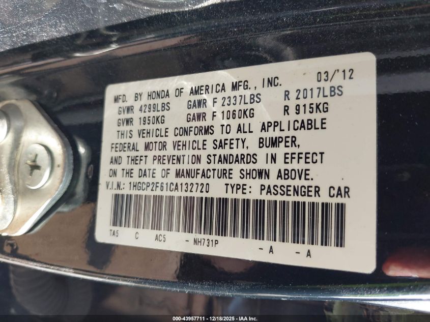 2012 Honda Accord 2.4 Se VIN: 1HGCP2F61CA132720 Lot: 43957711