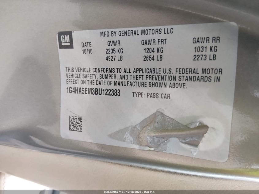 2011 Buick Lucerne Cx VIN: 1G4HA5EM3BU122383 Lot: 43957713