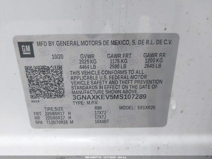 2021 Chevrolet Equinox Fwd Lt VIN: 3GNAXKEV5MS107289 Lot: 43957715