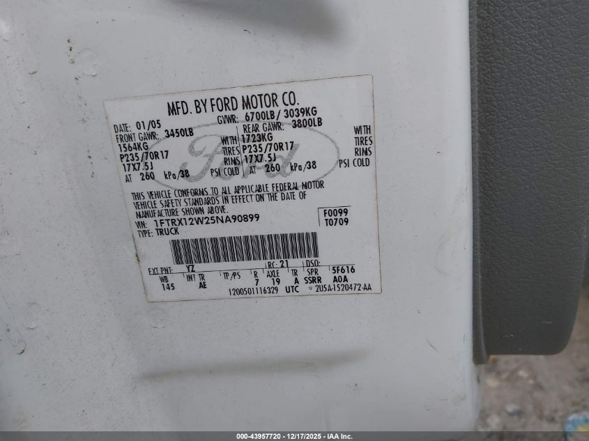 2005 Ford F-150 Stx/Xl/Xlt VIN: 1FTRX12W25NA90899 Lot: 43957720