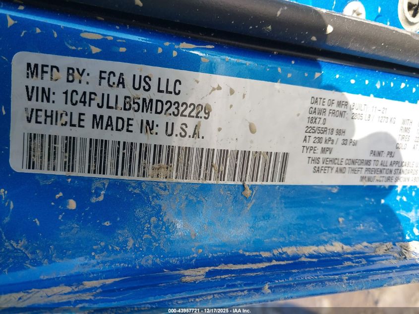 2021 Jeep Cherokee Altitude Fwd VIN: 1C4PJLLB5MD232229 Lot: 43957721