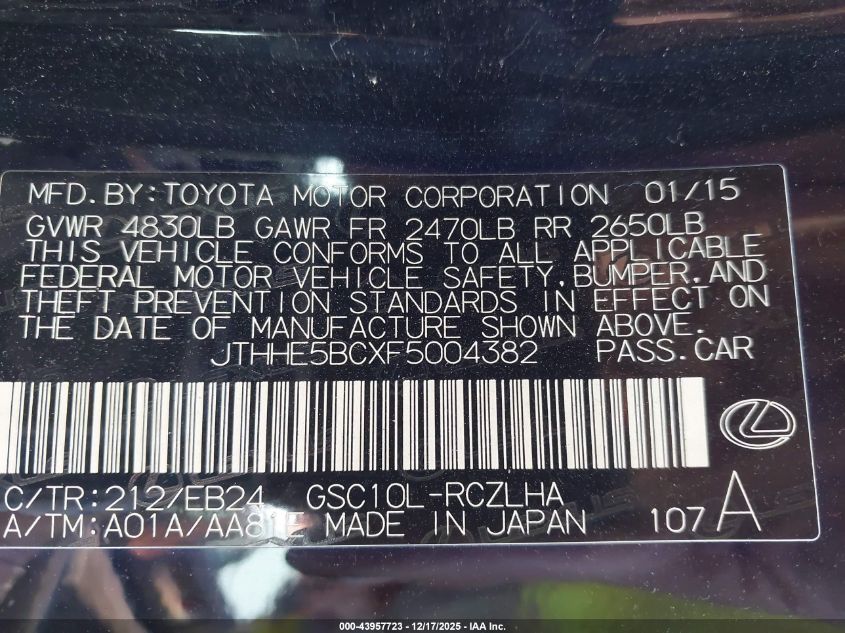 2015 Lexus Rc 350 VIN: JTHHE5BCXF5004382 Lot: 43957723