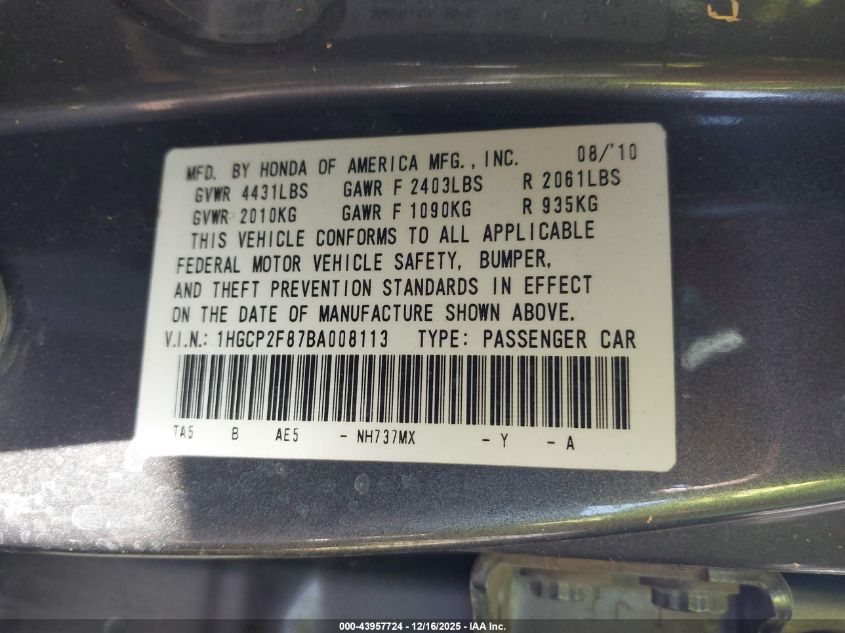 2011 Honda Accord 2.4 Ex-L VIN: 1HGCP2F87BA008113 Lot: 43957724