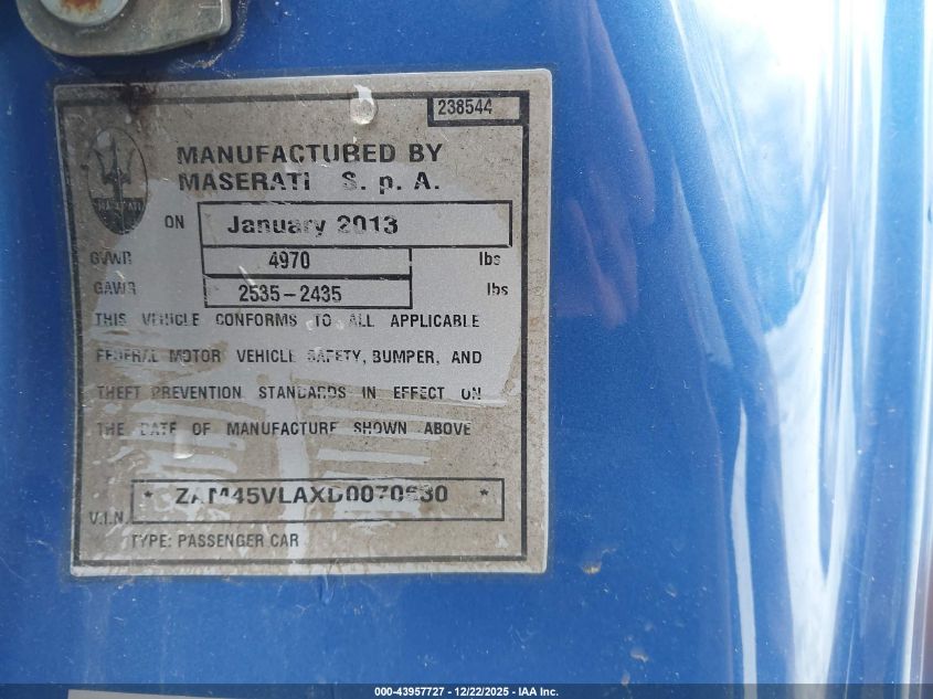 2013 Maserati Granturismo Mc/Sport VIN: ZAM45VLAXD0070630 Lot: 43957727