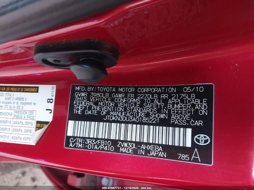 2010 Toyota Prius Ii VIN: JTDKN3DU3A0185221 Lot: 43957731