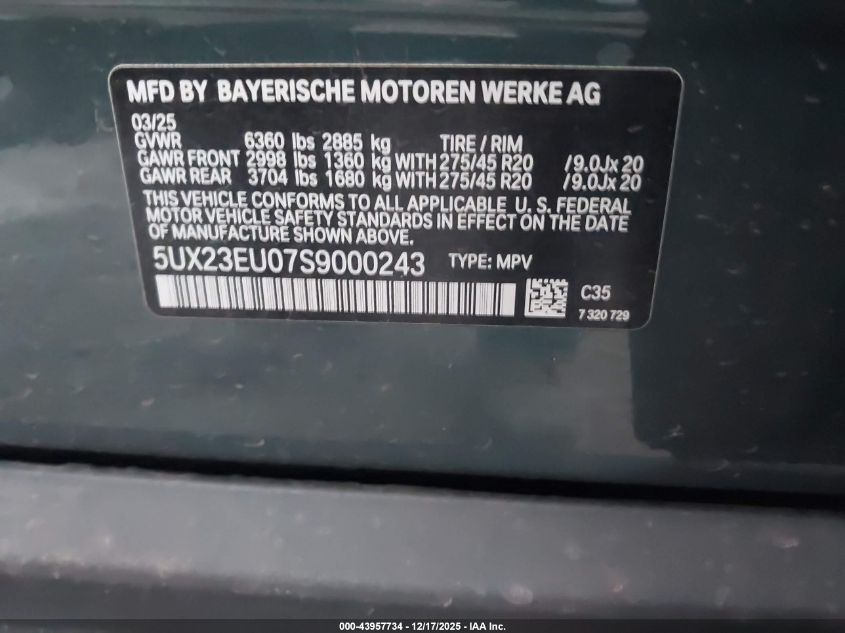 2025 BMW X5 xDrive40I VIN: 5UX23EU07S9000243 Lot: 43957734