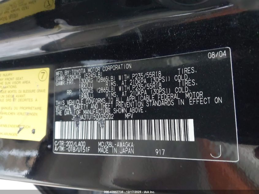 2005 Lexus Rx 330 VIN: JTJHA31U150075202 Lot: 43957735